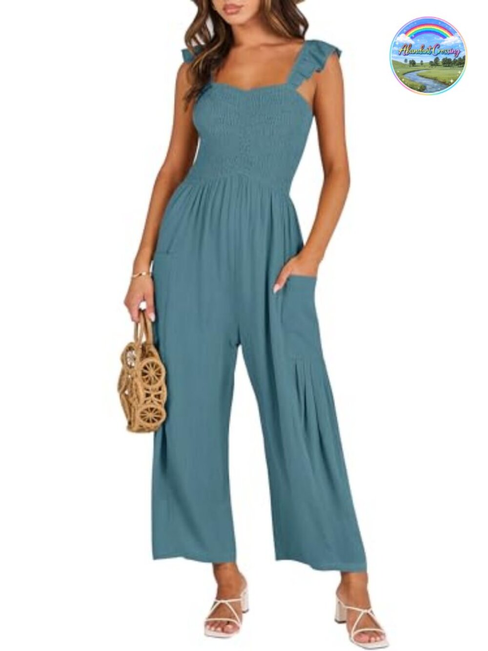 Smocked Sleeveless Wide Leg Linen Jumpsuit Romper Travel Outfit